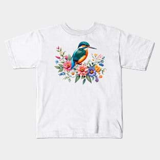 An oriental dwarf kingsfisher decorated with beautiful colorful flowers. Kids T-Shirt